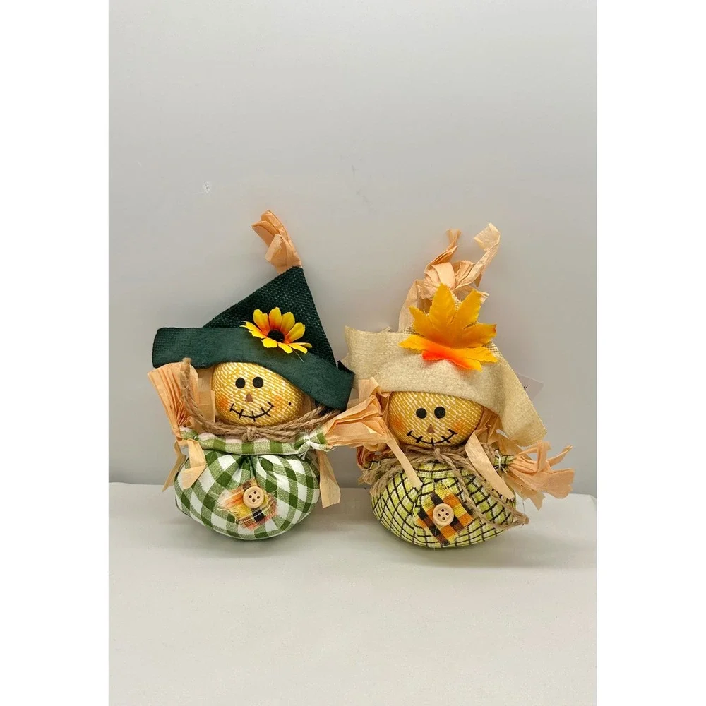 Autumn Scarecrow Figurine Set 2pc Green Yellow Gingham Plaid Fall Harvest Decor